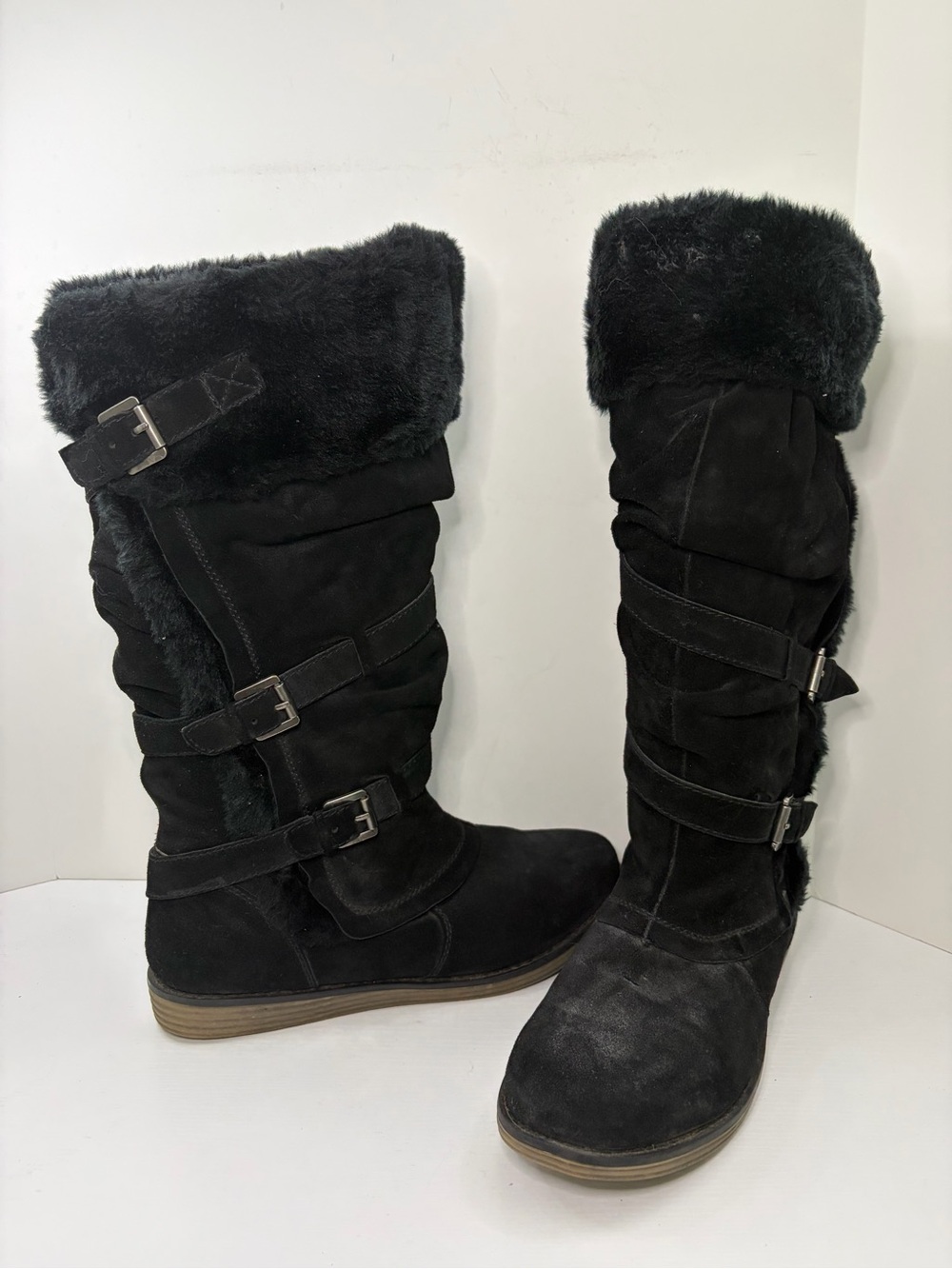 BareTraps Perform Black Suede Faux Fur Buckle Accent Knee High Boot Size 10